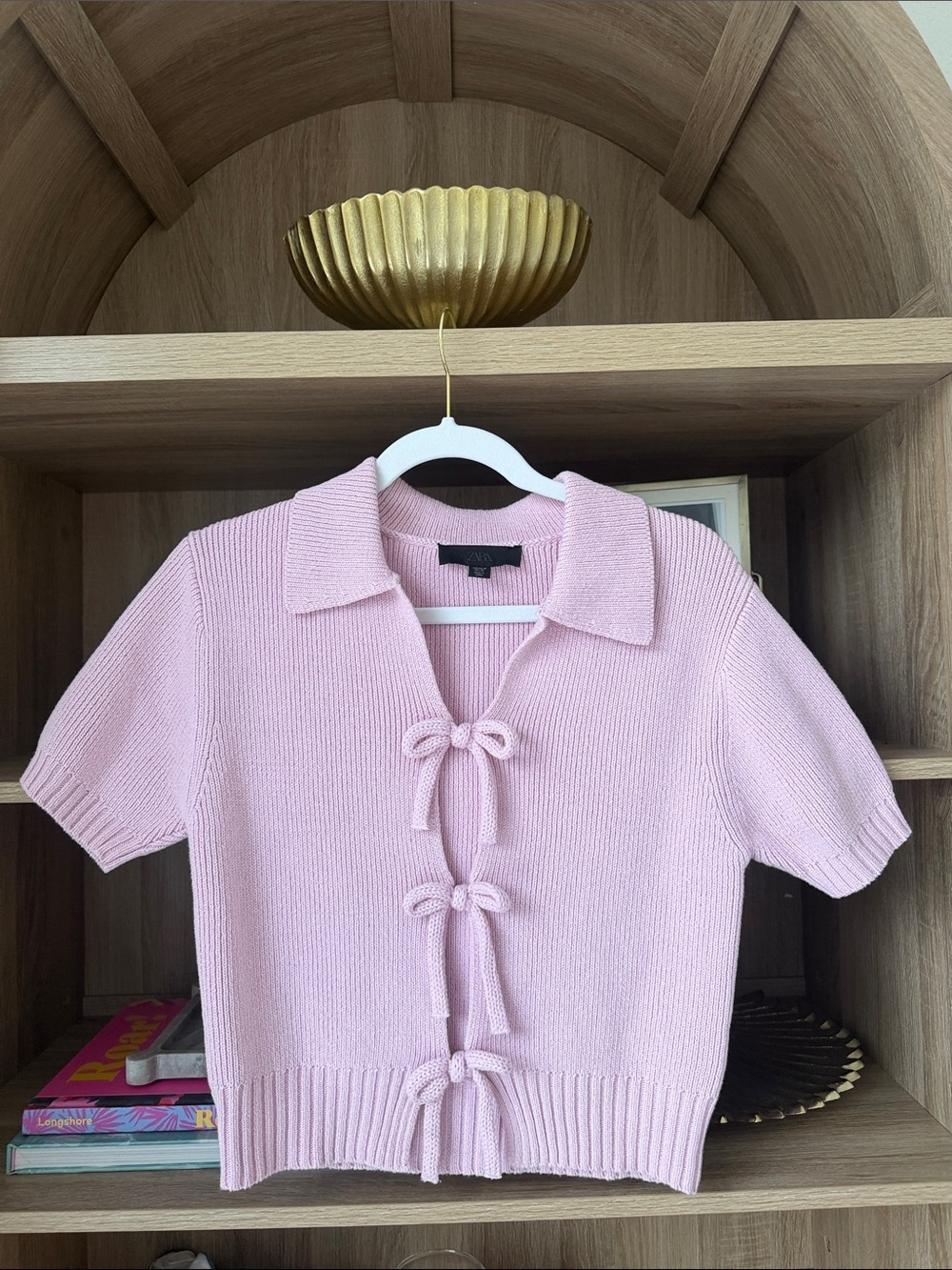 Zara Pastel Pink Knit Tie-Front Collared Short Sleeve Top